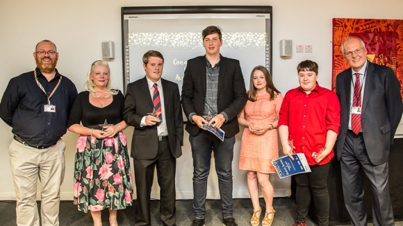 Principal, Chris Webb with award winners (left to right) Michelle Tingle, Corey Hurley, Connor Padgett, Maddie Jewitt, Adam Pye and Chair of Governors, Simon Perryman.