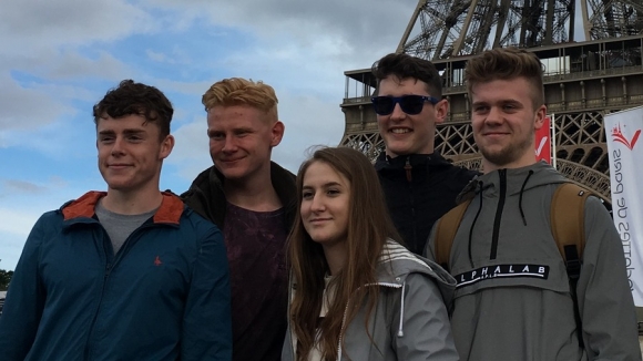 Students Daniel Hayward, Jake Frost, Hannah Cordingley, Kyle Matthews and Callum Fieldsend visiting the Eiffel Tower.