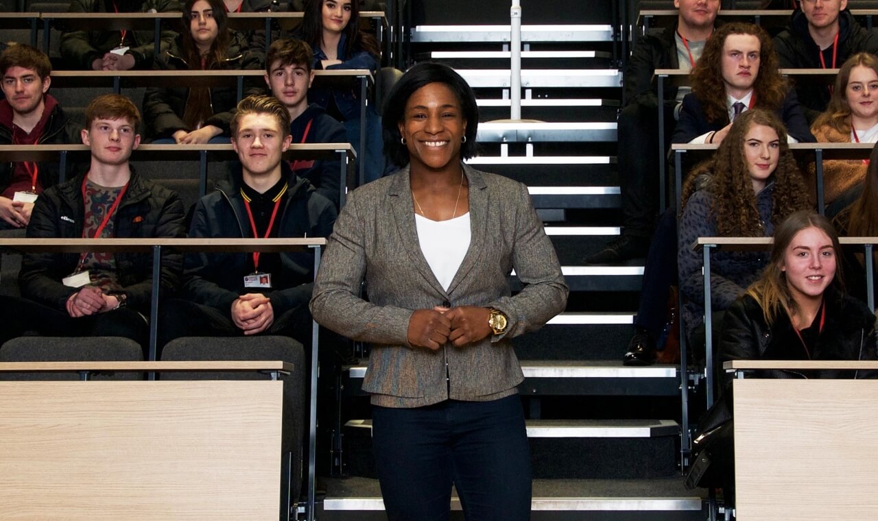 Rugby World Cup winner, Maggie Alphonsi, speaking at Barnsley Sixth Form College for International Women’s Day.